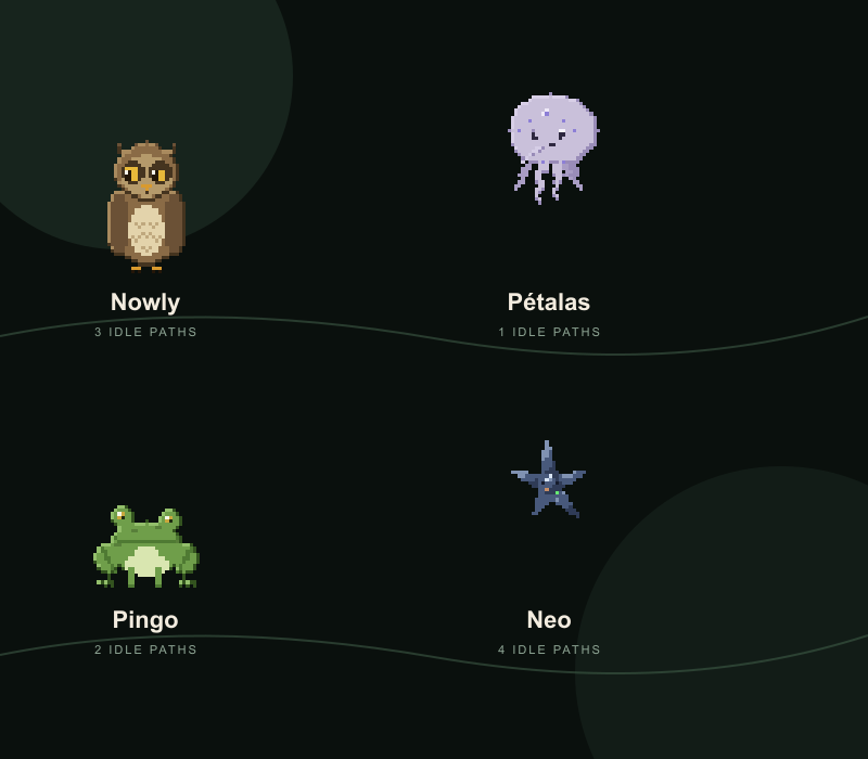 Four real Céu Canto pixel pets rendered from the product engine